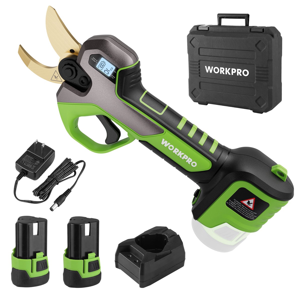 WORKPRO 12V Cordless Electric Pruning Shears with 2 Pack Rechargeable Battery and Fast Charger 12 Inch Cutting Diameter