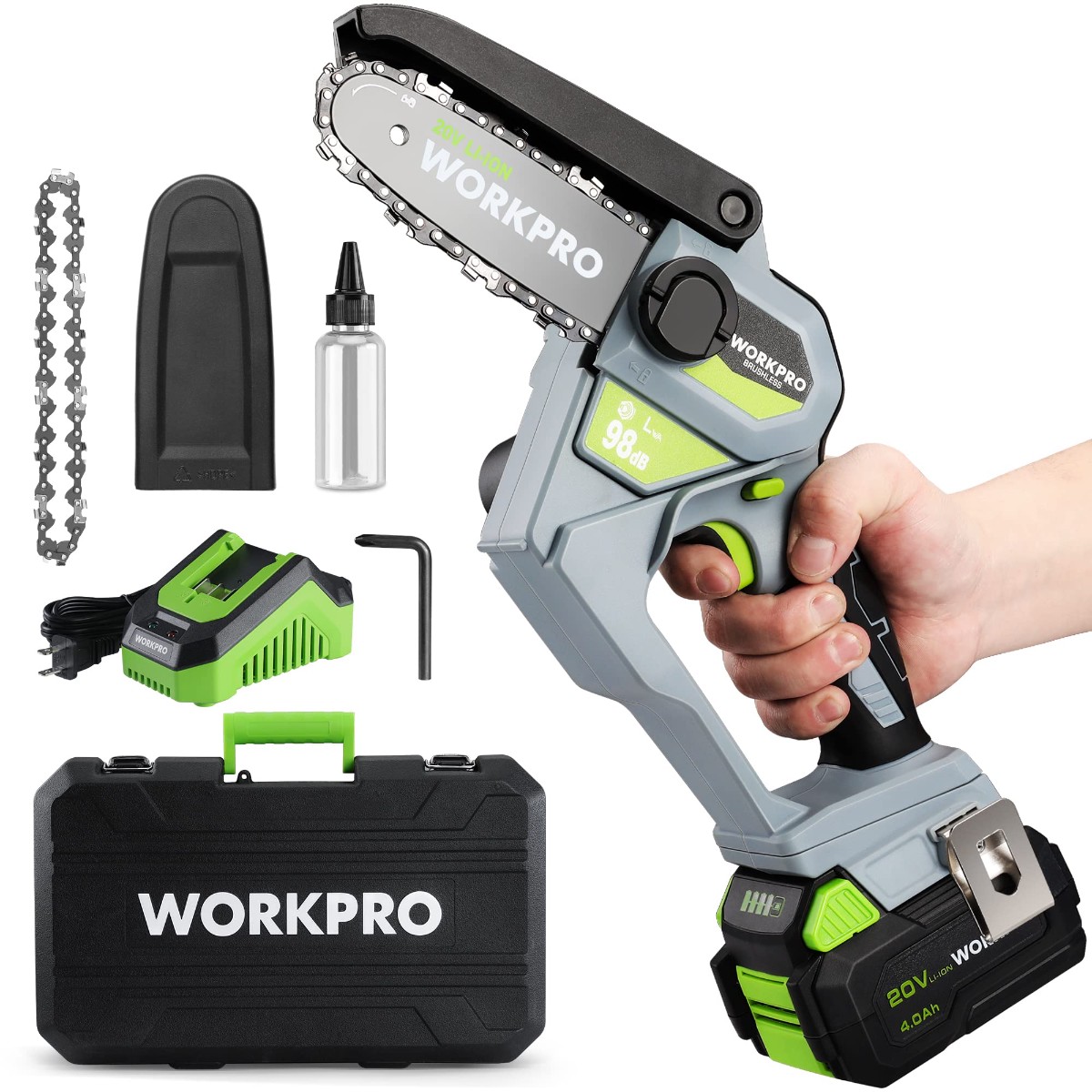 WORKPRO 20V Brushless Cordless Compact Chainsaw with 40Ah Battery and Replacement Chain