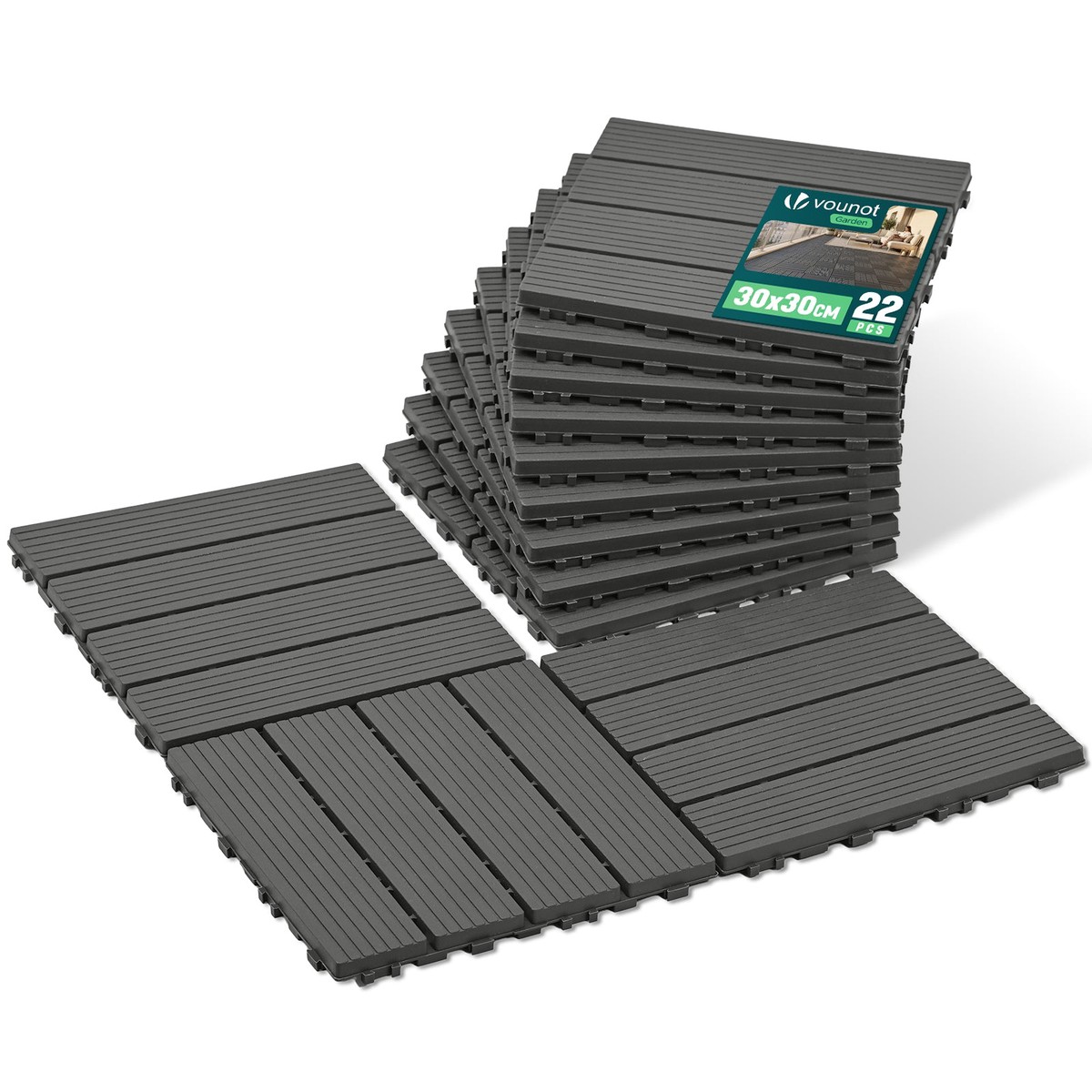 VOUNOT Decking Tiles Set of 22 Outdoor Deck Tiles 30x30 cm Anthracite