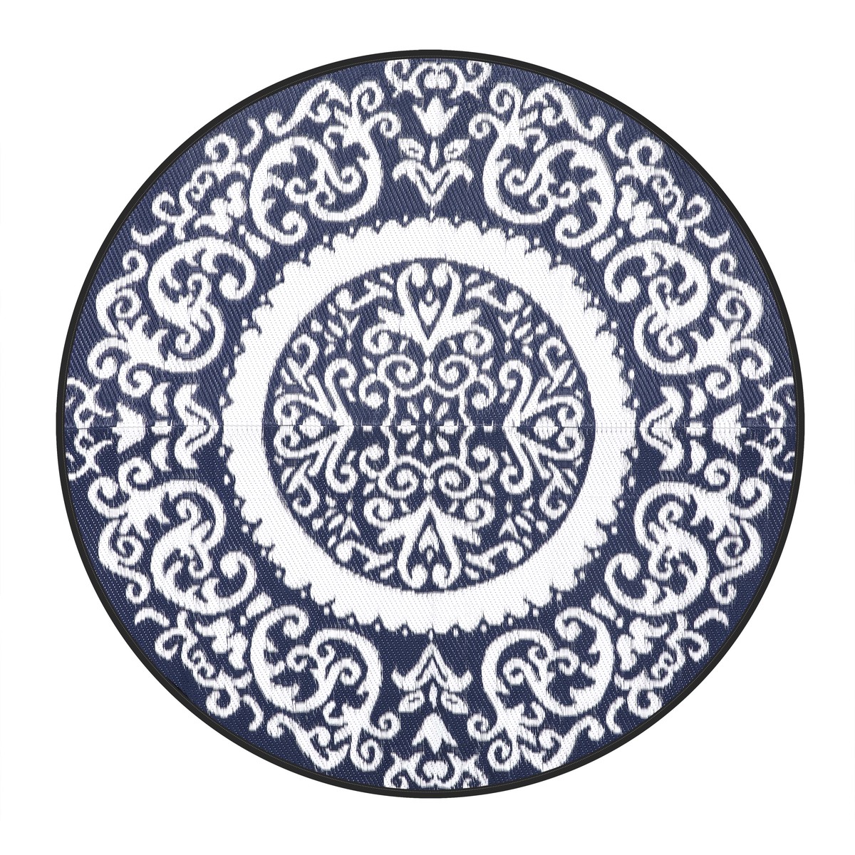 Round Outdoor Rug Plastic Straw Foldable Area Rug Indoor Outdoor Carpet for Patio Decor Balcony Camping Picnic RV Blue and White
